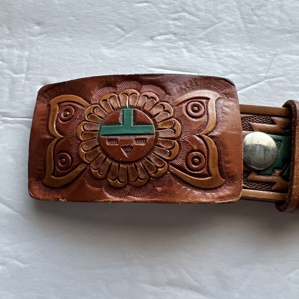 SEARS Brown Tooled Leather Belt Painted Western Aztec Southwest Buckle USA Sz 23 - Picture 2 of 10